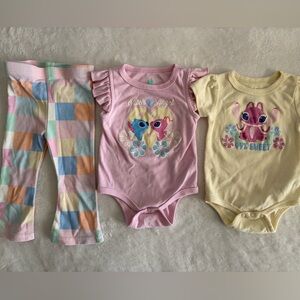 Disney Baby Stitch and Angel Pink and Yellow Onesies with matching pant set